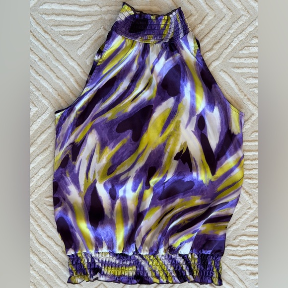 Vintage Y2K A. Byer Halter Top Smocked Neck & Waist Purple Lime Abstract Print - Picture 12 of 16